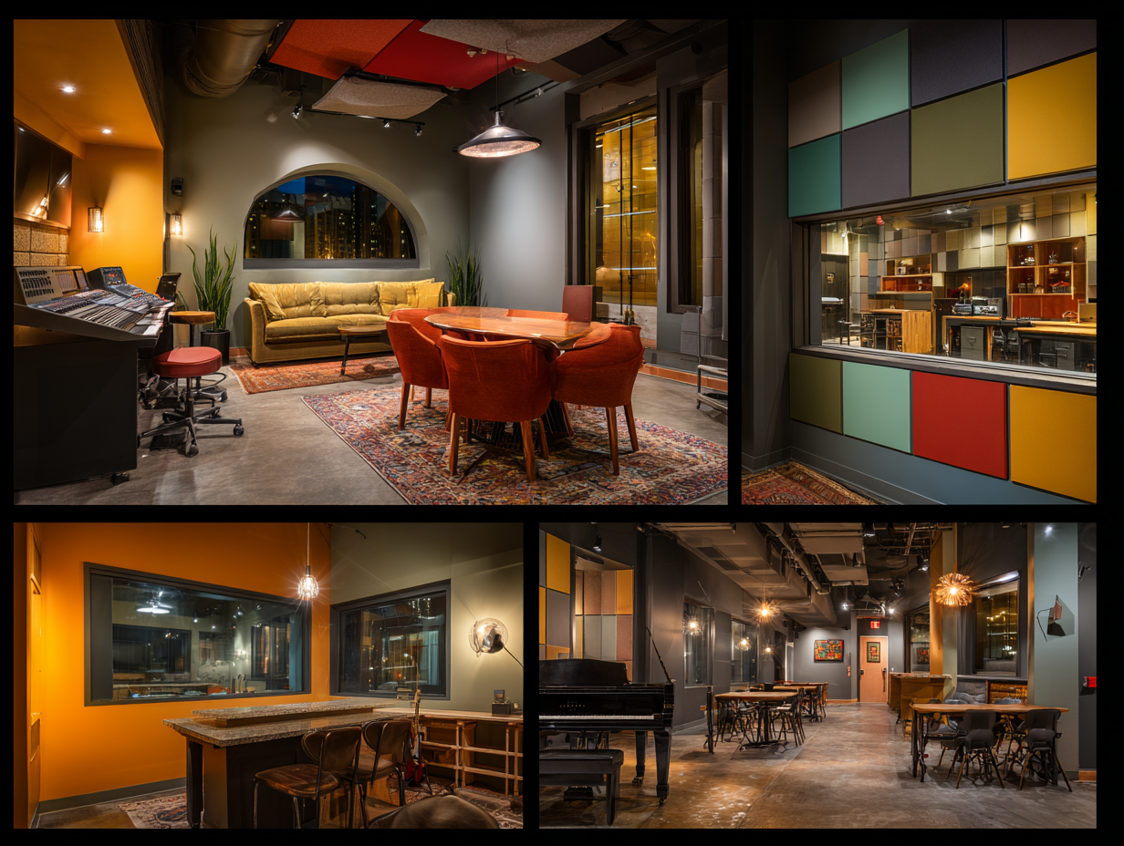Collage of office, school, restaurant, and residential building interiors with acoustic treatments